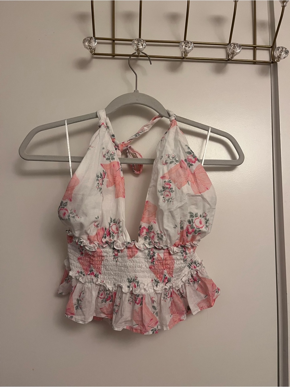 LoveShackFancy White & Pink Floral Halter Smocked Peplum Top